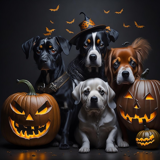 Lindos perros celebrando la fiesta de Halloween con calabazas y murciélagos