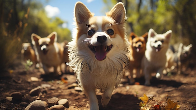 Lindos perros corgi corriendo en el parque de otoño Golden autumngenerative ai