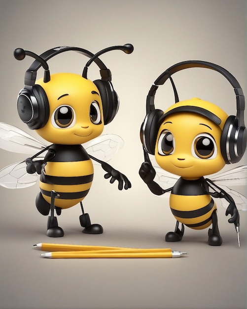 Lindos personajes de abejas de dibujos animados escuchando música con auriculares diciendo hola sosteniendo un juego de lápices generado por IA