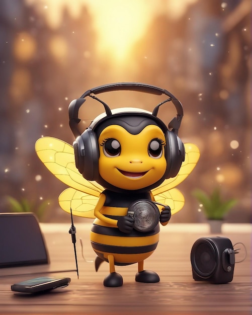 Lindos personajes de abejas de dibujos animados escuchando música con auriculares diciendo hola sosteniendo un juego de lápices generado por IA