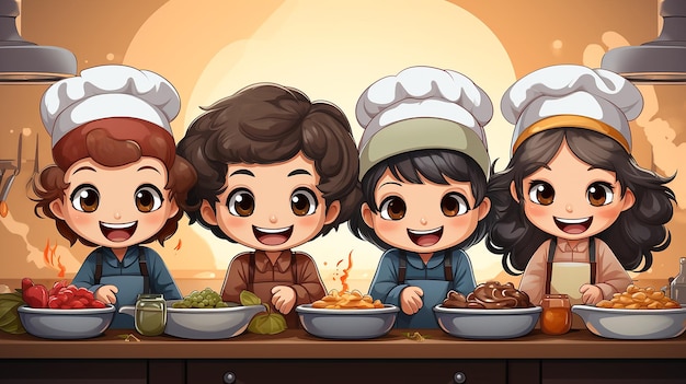 Lindos personajes de dibujos animados para niños Ilustración de niños felices jugando al chef cocinando en la cocina generada por IA