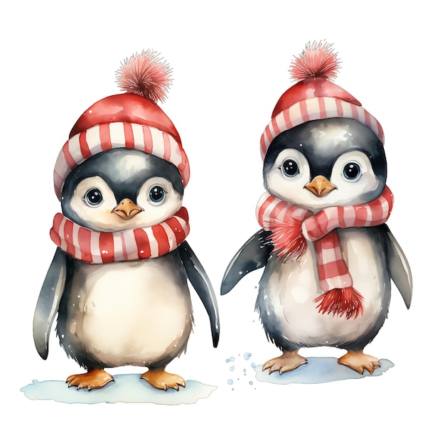 Lindos pingüinos acuarelados con ropa de Navidad e ilustración de sombrero para Navidad