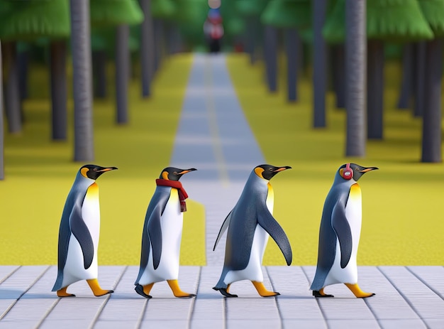 lindos pingüinos de dibujos animados caminando por la calle