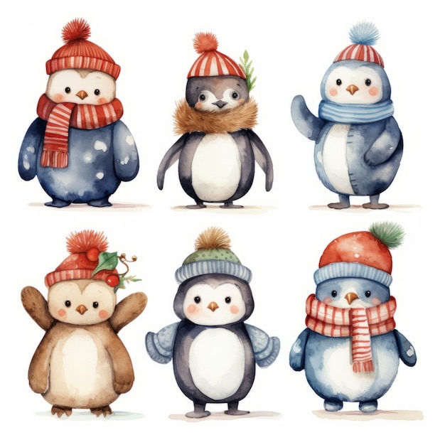 Lindos pingüinos en sombreros de invierno bufandas y bufandas.