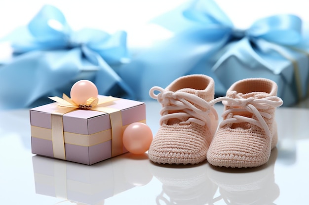 Lindos presentes para bebês, botinhas minúsculas, cartão postal em branco e uma chupeta em branco