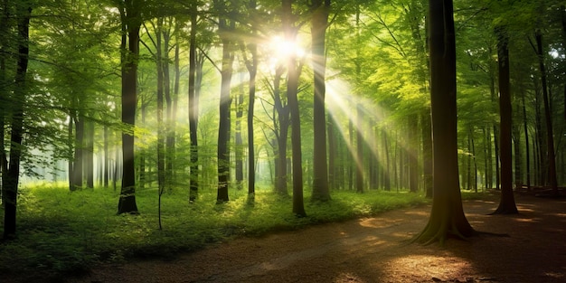 Lindos raios de sol em uma floresta verde IA generativa