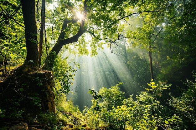 Lindos raios de sol em uma floresta verde