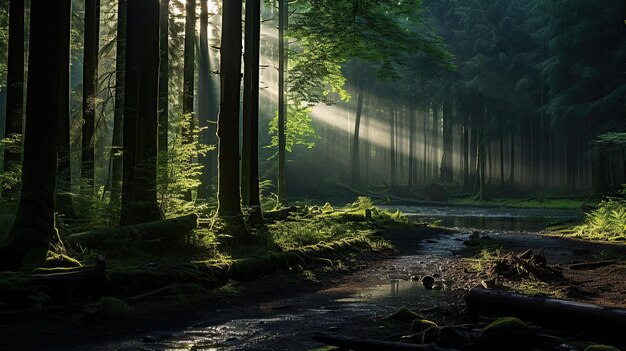 Lindos raios de sol em uma floresta verde