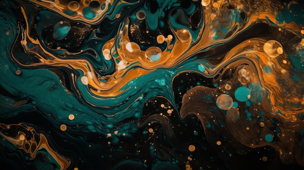 Lindos redemoinhos líquidos azul-petróleo e laranja com glitter dourado