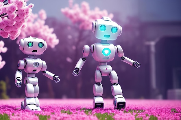 Lindos robots androides rosados sobre un fondo de brillantes flores de primavera IA generativa