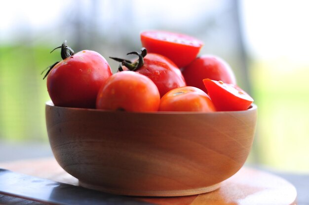 Lindos tomates orgânicos em foco seletivo de fundo desfocado