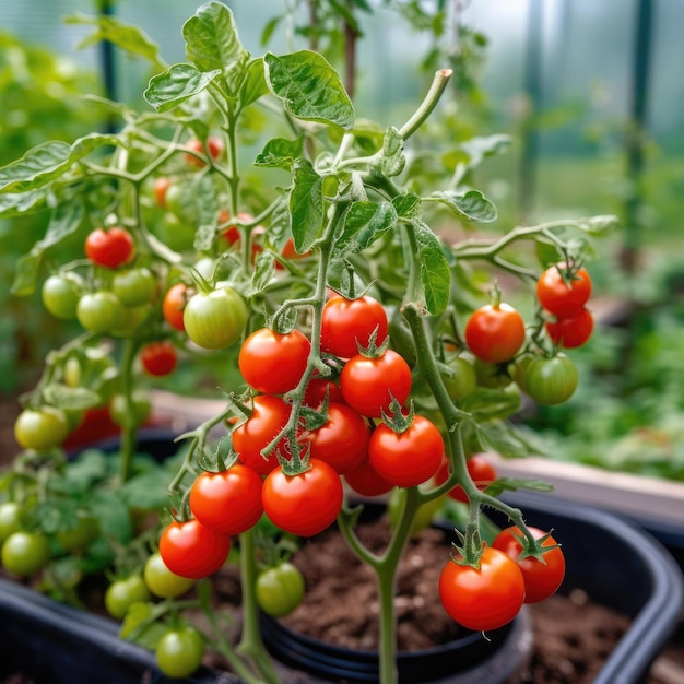 Lindos tomates vermelhos maduros cultivados em uma estufa Tomate de jardinagem Generativo ai