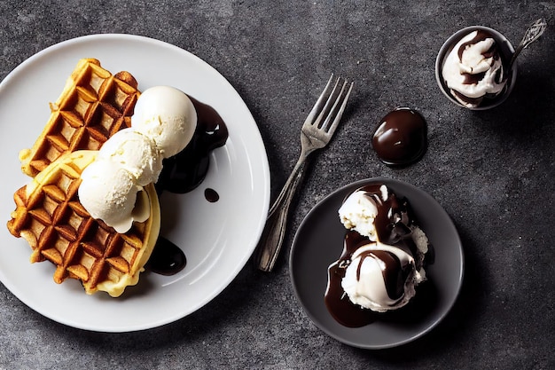 Lindos waffles belgas doces com sorvete em calda de chocolate no prato na mesa preta