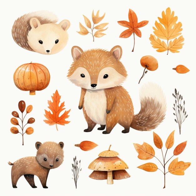 Lindos zorros de dibujos animados y hojas de otoño Ilustración vectorial de animales del bosque