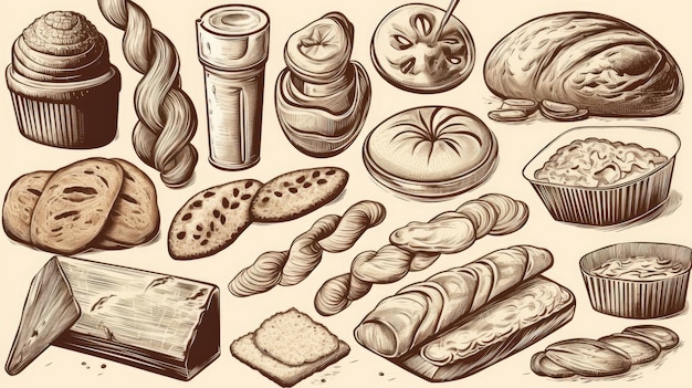Line Art-Set von Bäckereierzeugnissen, einschließlich verschiedener Arten von Brot und Kuchen