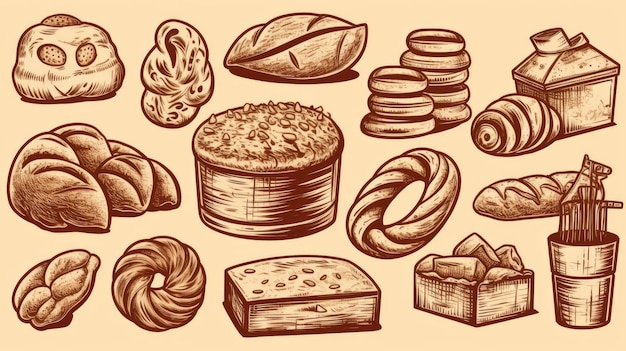 Line Art-Set von Bäckereierzeugnissen, einschließlich verschiedener Arten von Brot und Kuchen