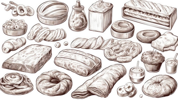 Line Art-Set von Bäckereierzeugnissen, einschließlich verschiedener Arten von Brot und Kuchen