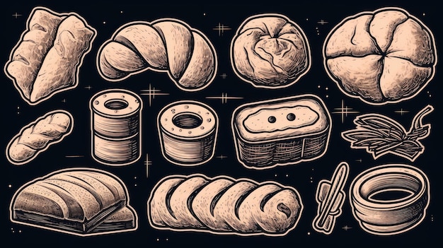 Line Art-Set von Bäckereierzeugnissen, einschließlich verschiedener Arten von Brot und Kuchen