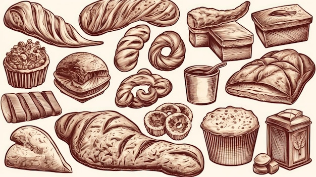 Line Art-Set von Bäckereierzeugnissen, einschließlich verschiedener Arten von Brot und Kuchen