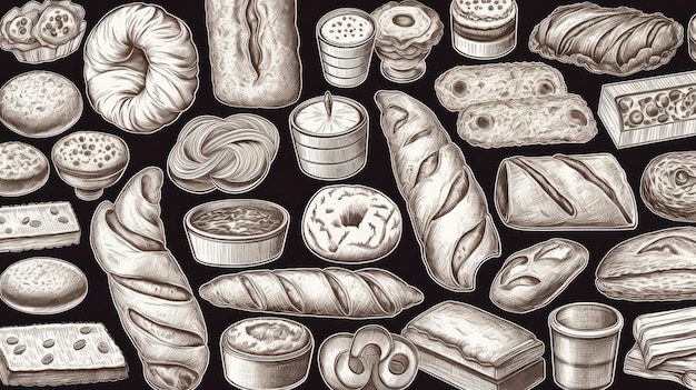 Foto line art-set von bäckereierzeugnissen, einschließlich verschiedener arten von brot und kuchen