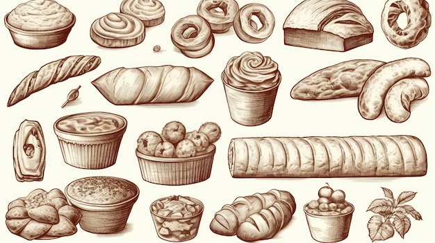 Line Art-Set von Bäckereierzeugnissen, einschließlich verschiedener Arten von Brot und Kuchen