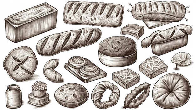 Line Art-Set von Bäckereierzeugnissen, einschließlich verschiedener Arten von Brot und Kuchen