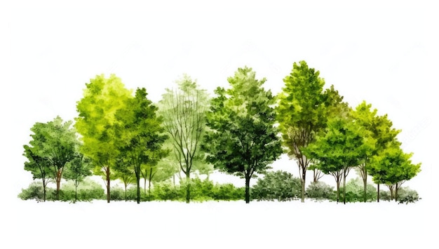 Una línea de árboles con hojas verdes y un fondo blanco.