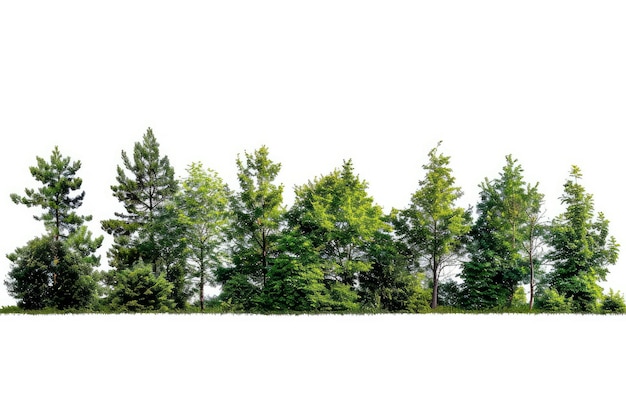 Línea de árboles recortados Bosque y follaje verde en verano fila de árboles y arbustos aislados en fondo blanco