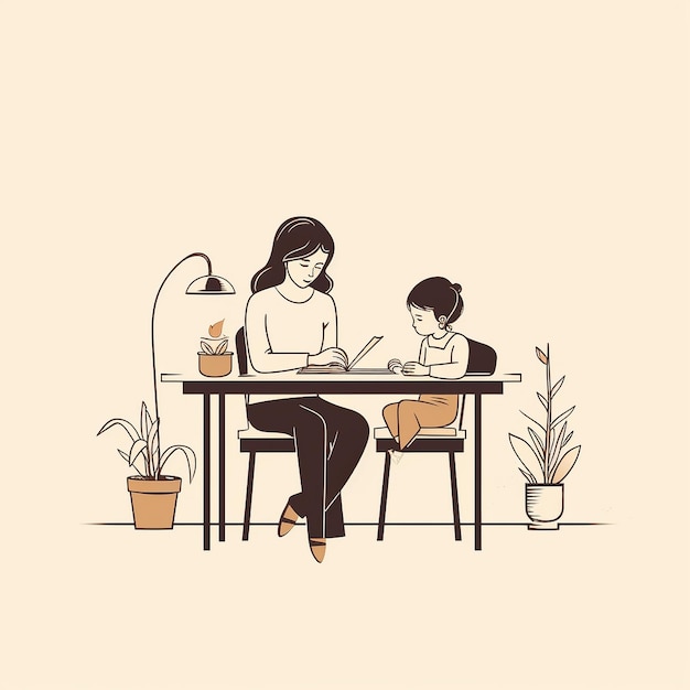 línea de arte de madre e hija sentados en un escritorio leyendo