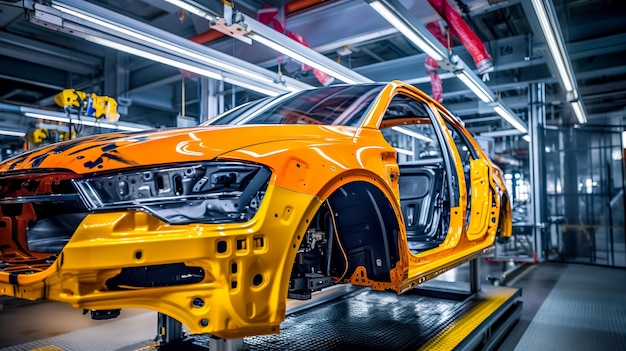 Línea de automatización en una fábrica para la producción de automóviles modernos hechos con IA Generativa