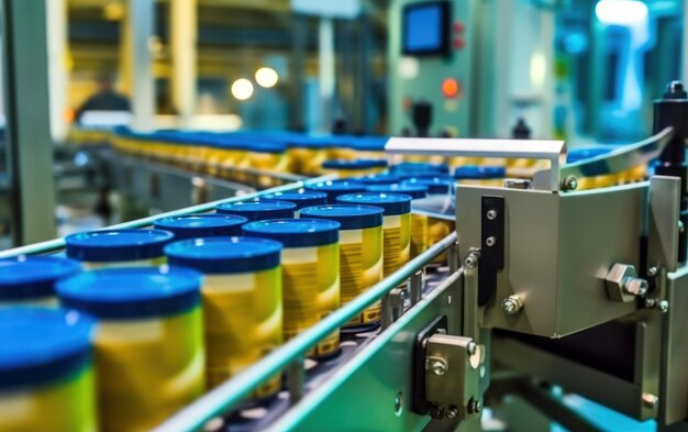 Foto línea automatizada de producción de alimentos con frascos