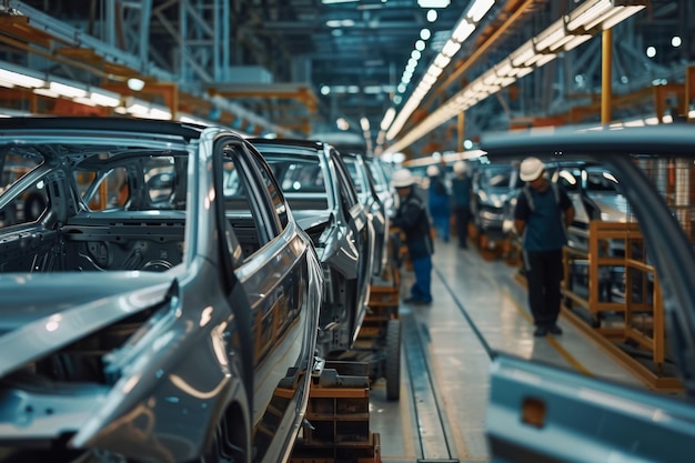 Foto línea de automóviles en la línea de ensamblaje