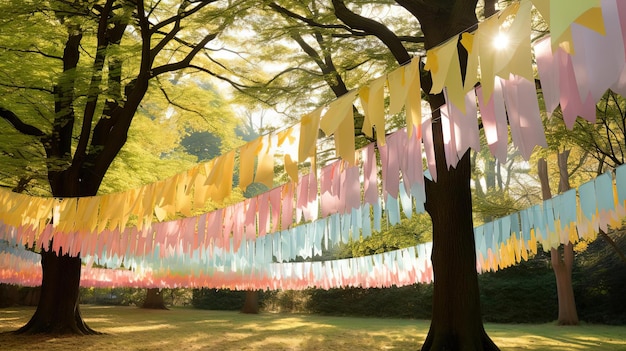 una línea de banderas de oración en un parque con árboles en el fondo