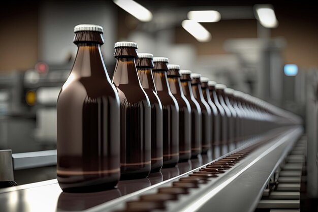 Línea de botellas de cerveza en cinta transportadora en fábrica de cerveza IA generativa