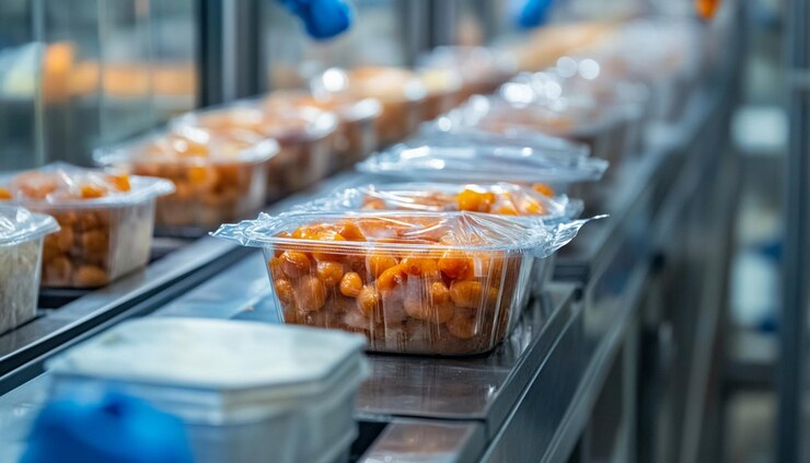 una línea de cajas de cereales están alineadas en una cinta transportadora