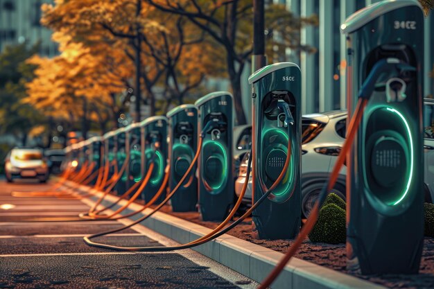Foto una línea de coches eléctricos conectados a estaciones de carga que se encienden para su próximo viaje una ciudad ecológica llena de vehículos eléctricos y estaciones de recarga generada por ia