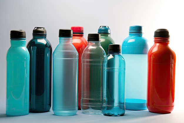 Línea colorida de botellas de agua reutilizables IA generativa