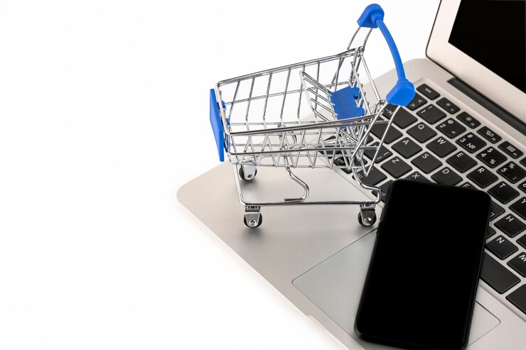 Foto en línea, concepto de compras móviles aislado sobre fondo blanco. copiar el espacio