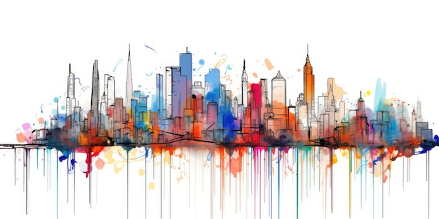 Una línea continua dibujando bocetos coloridos trazos sueltos salpicados a mano alzada horizonte de la ciudad hermosa AI generativa AIG32