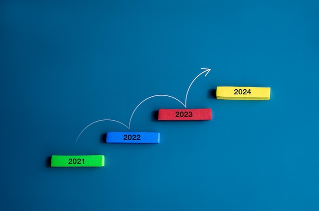 Línea curva flecha ascendente salto paso por los bloques de escaleras multicolores de 2021 a 2024 en el bloque superior en fondo azul estilo minimalista objetivo de negocio y éxito crecimiento marketing y conceptos de tendencia