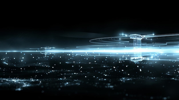 Línea digital blanca abstracta que brilla emitida por un par de drones transparentes flotantes