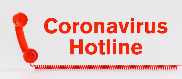 Línea directa de coronavirus con el virus Covid-19 y un teléfono rojo