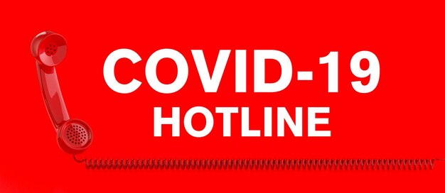 Línea directa de coronavirus con el virus Covid-19 y un teléfono rojo