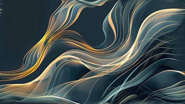 una línea dorada y azul que evoca la esencia de los retratos ambientales con formas fluidas y simplicidad serena contra un telón de fondo de gris oscuro