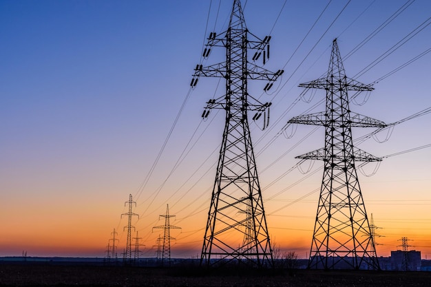 Línea eléctrica de alta tensión en un campo al atardecer