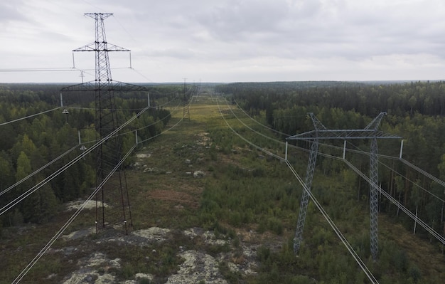 Línea eléctrica de alta tensión Vista aérea El tema de la electrificación y distribución de electricidad.