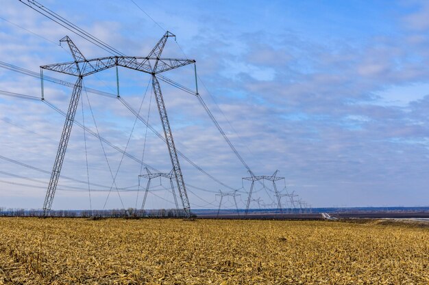 Línea eléctrica de alto voltaje en un campo en otoño