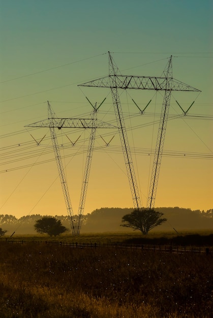 Línea eléctrica en atardecer Paisaje pampeano La Pampa Argentina