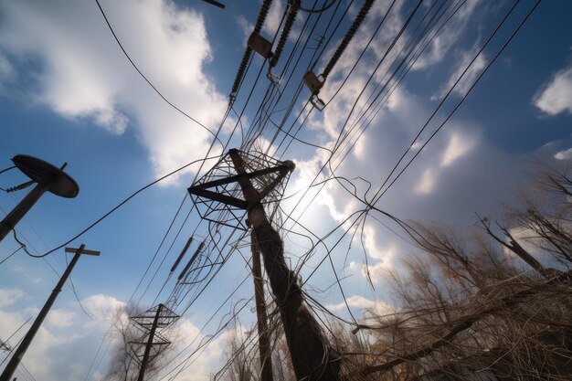 Línea eléctrica suspendida en el aire tras rotura por fuerte viento