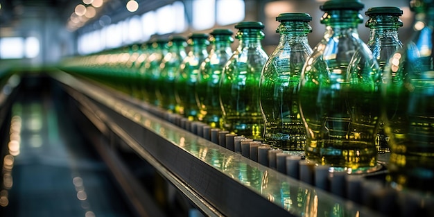 Línea de embotellado de bebidas en botellas de plástico en la fábrica de luz limpia